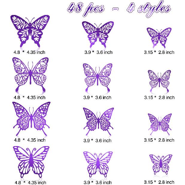 Purple Butterfly Stickers Decor 48pcs 4 Styles 3 Sizes Butterfly Decorations Butterfly Party Cake Decorations 3D Butterfly Stickers Decals for Girls