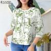 ZANZEA Women Casual Round Neck 3/4 Sleeve Loose Print Blouse