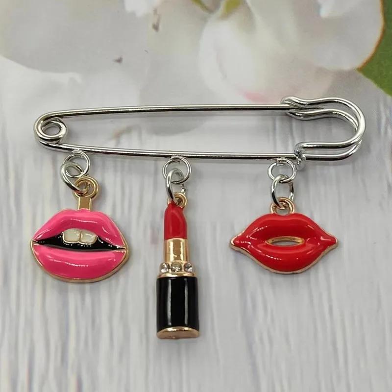 Red Lips & Lipstick Enamel Brooch - Fashion Safety Pin Gold/Silver Tone Charm Jewelry for Women Style 1