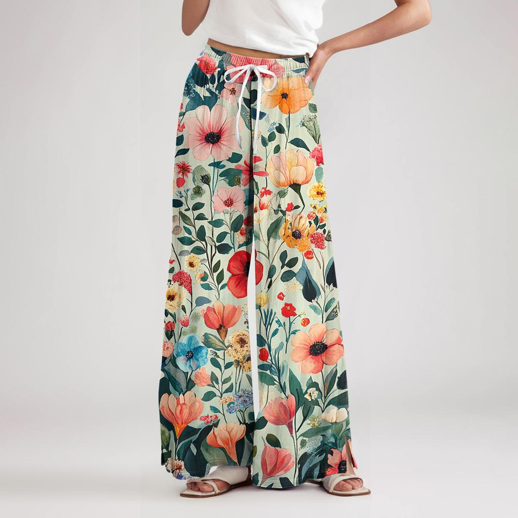 Women's Loose Casual Floral Print Wide Leg Pants With Elastic Waist Drawstring And Pocket Pants