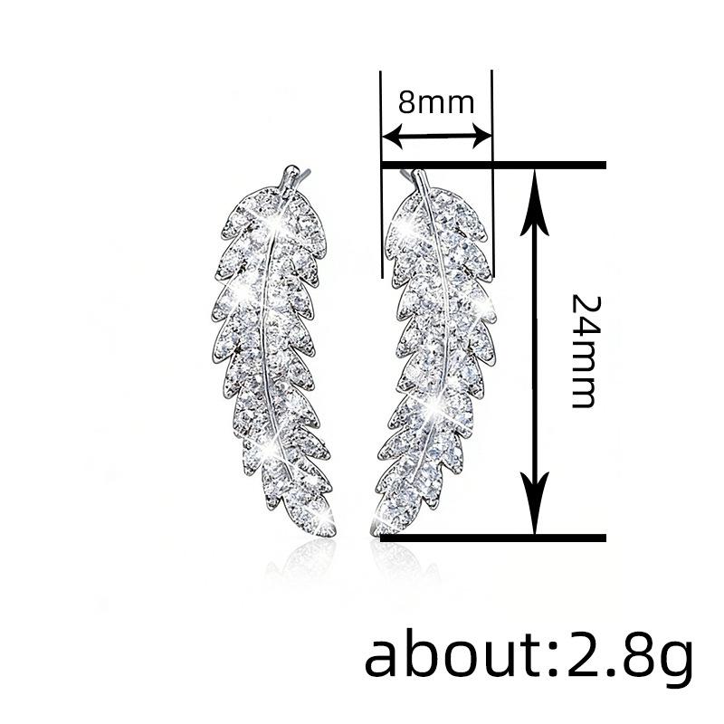 Popular in Europe and the United States, fashionable feather stud earrings, women's micro-inlaid zircon earrings, versatile jewelry