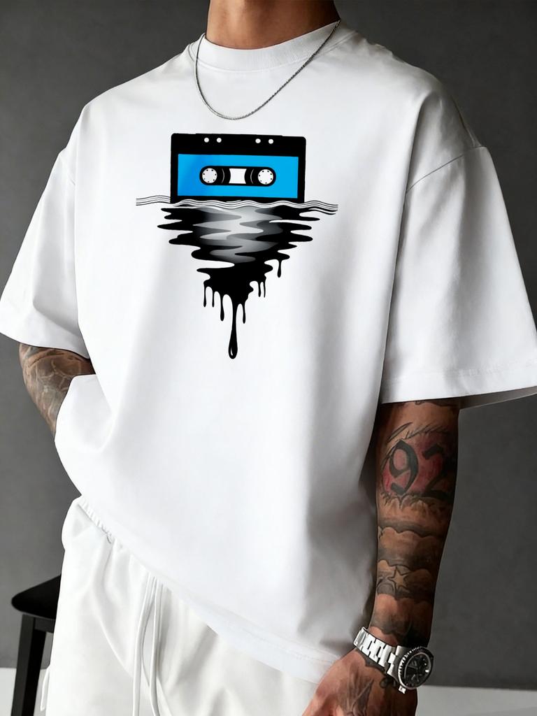 Unisex Black Crew Neck Tee Dripping Cassette Tape Print Oversized Short Sleeve Unisexs Summer Streetwear Casual Daily Basic Wear Top