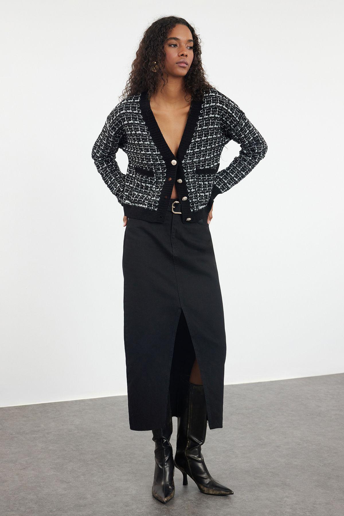 

Women s Fashionable Stylish Cardigan Black Tweed Look Knitwear Cardigan S