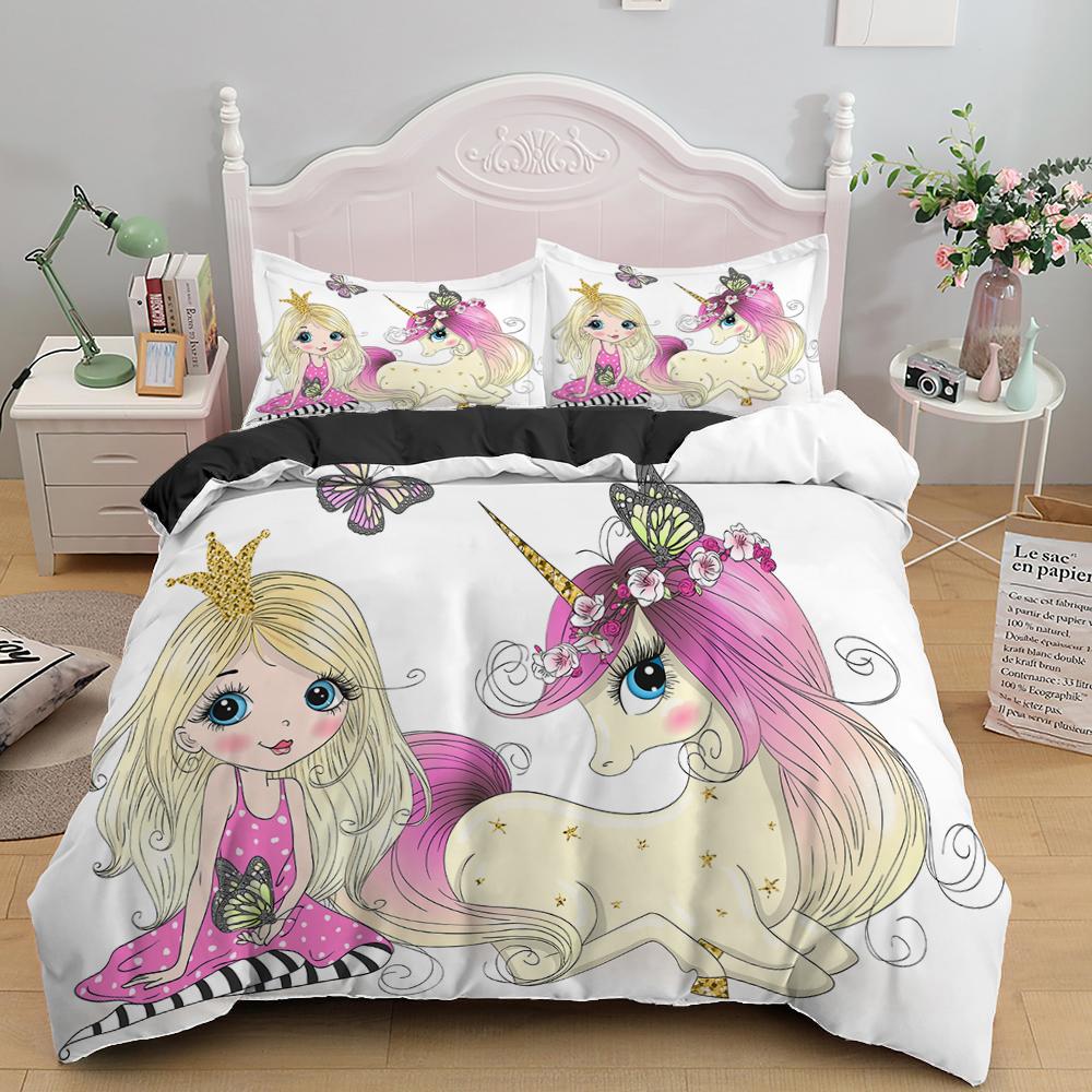 

Детские комплекты постельного белья, подарки, единорог и красочный рисунок лошади, наборы пододеяльников для детей, девочек и мальчиков, 2/3 шт., розовые одеяла EU Double(200x200cm)