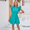 Summer Women's Dress Lace Neck Ruffle Sleeve Pleated Princess Dress Solid Colour Dresses