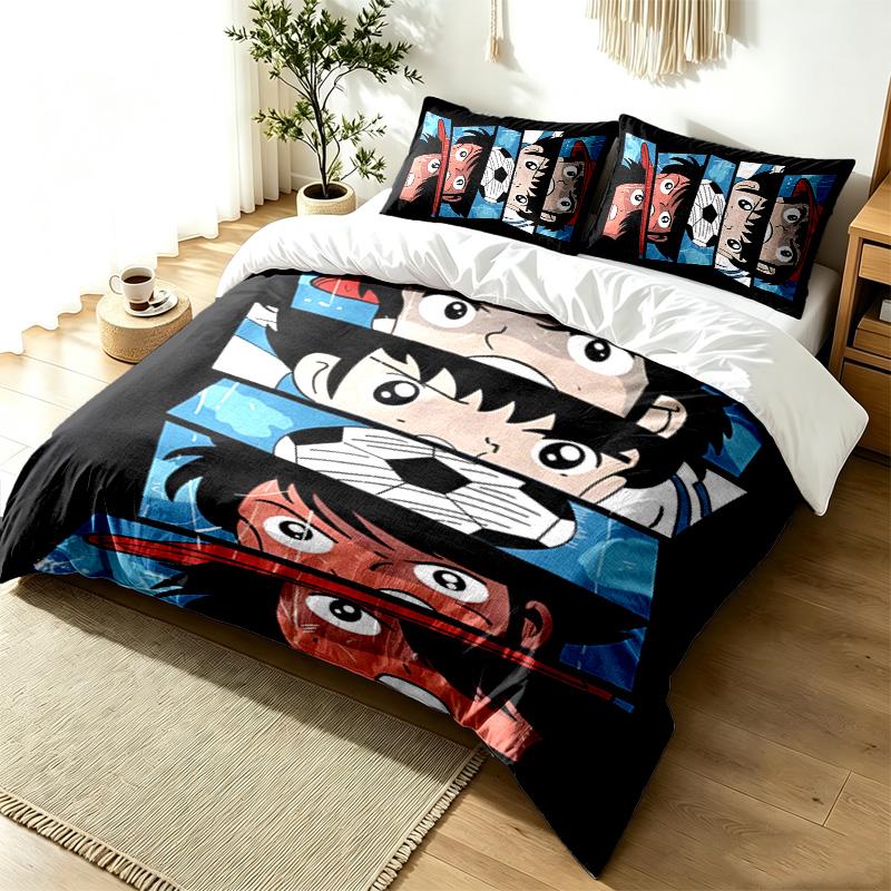CAPTAIN TSUBASA Conjunto de Capa de Edredom de 3 Peças Conjunto de Roupa de Cama Simples Moderno Tecido Macio Resistente a Amassados Uso em Todas as Estações um presente perfeito
