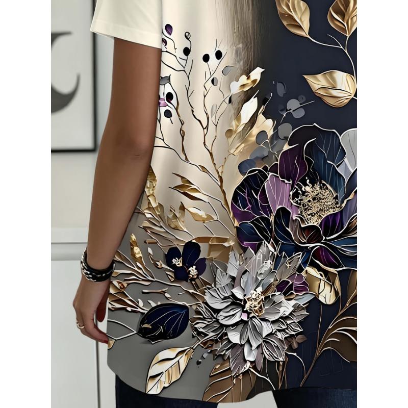 Women's Large Size Casual Elegant Floral Print Long Sleeve Round Neck Pocket T-Shirt Top
