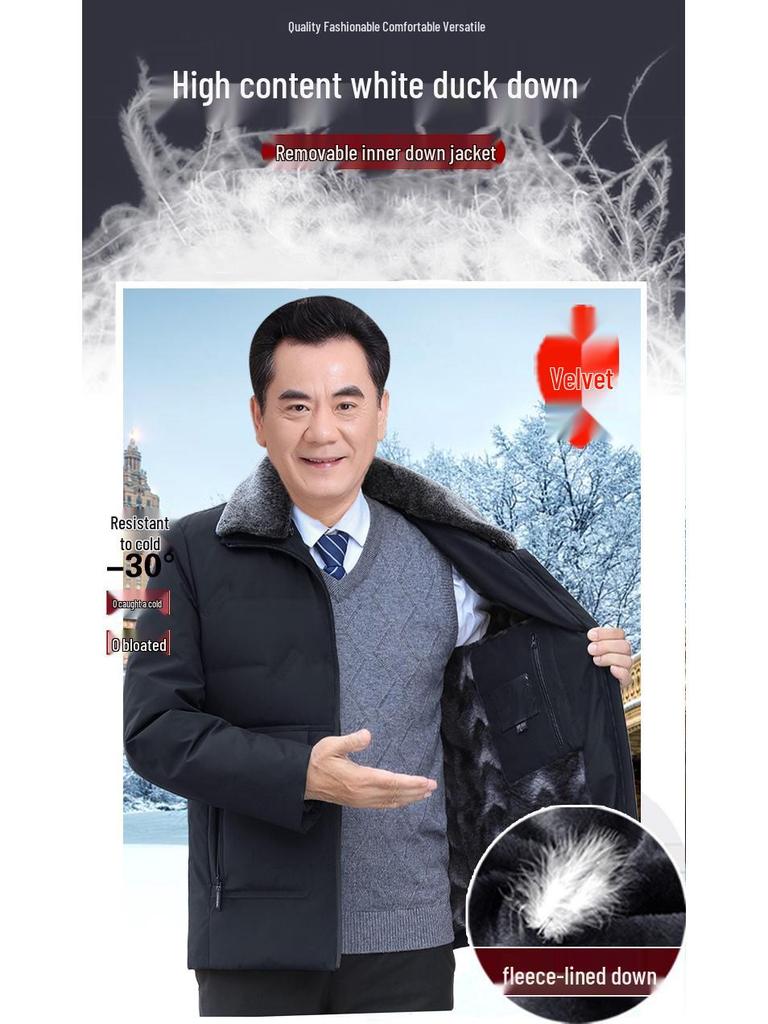 Men's Thickened Lapel Collar Down Jacket with Fleece Lining - Winter Short Style for Middle-Aged and Elderly