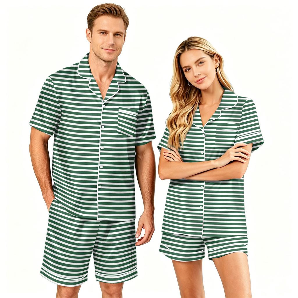 Couple Matching Pajama Set Short Sleeve Button Down Shirt with Hem and Shorts Set Soft Casual Sleepwear Available In Sizes S To XXXXL