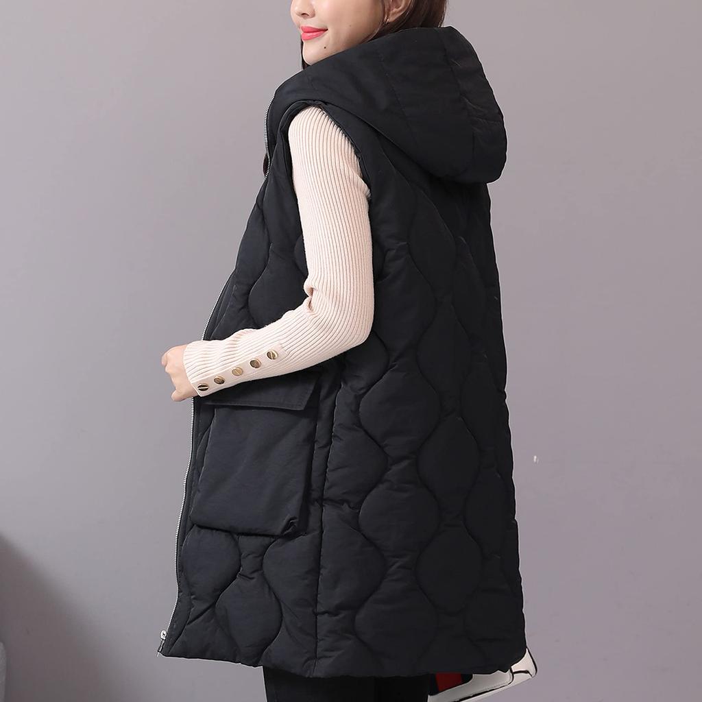 Women's Solid Color Hooded Zipper Cotton Coat Vest Jacket