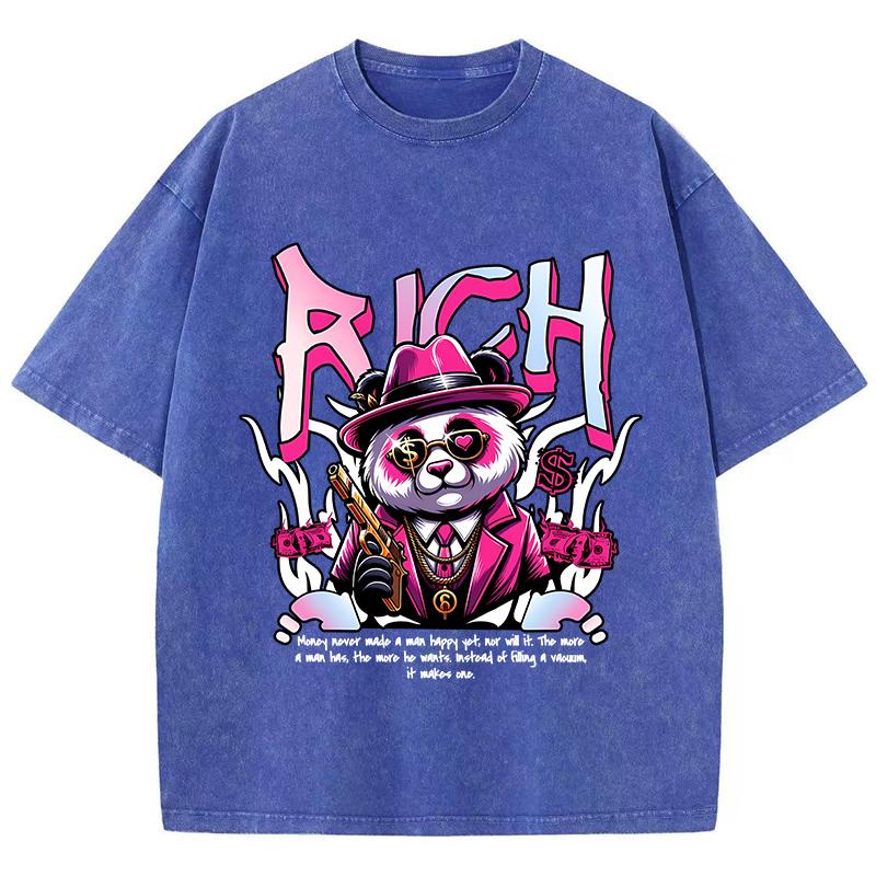 Baumwolle Damen Acid Wash T-Shirts Reichhaltige Cartoons Panda Druck Tees Übergroß Distressed O-Ausschnitt Kurzarm Kleidung
