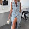 Women Denim Shirt Dress Summer Sleeveless Button Down Maxi Dress with Belt Lapel V Neck Long Jean Dress with Pockets