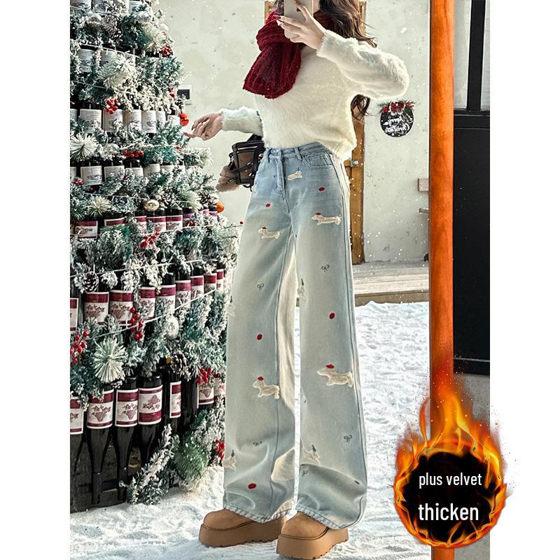 Women's Trendy High-Waist Embroidered Velvet Wide-Leg Jeans for Winter 2025