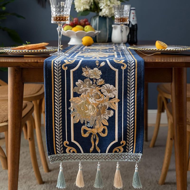 Embroidery Luxury Table Runner, Long Blue Dining Table Runner, Elegant Jacquard Dresser Scarf with Multi-Tassels for Dining Room Party Banquet Table