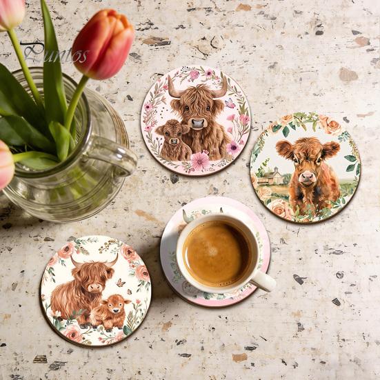Healing Highland Calf Pattern Gifts Cow Cork Coasters, Cute Floral Farmhouse Drink Mats with Protective Furniture for Office Non-Slip Base,