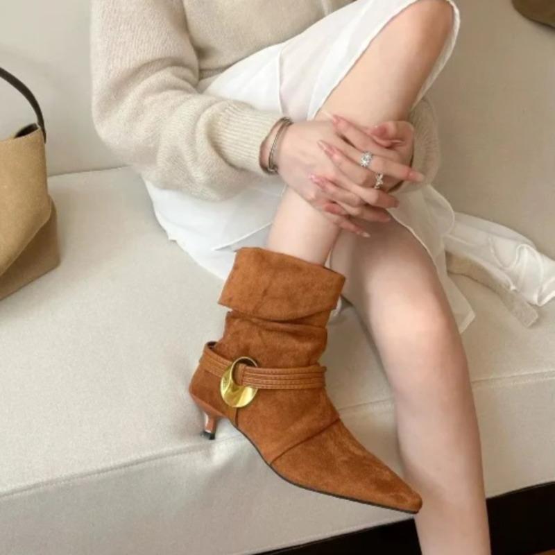 Vintage Metal Buckle Thin Folio Boots Fashion Pointed Toe Cow Suede Padded Foot Non-Slip Shorthole Stack Boots