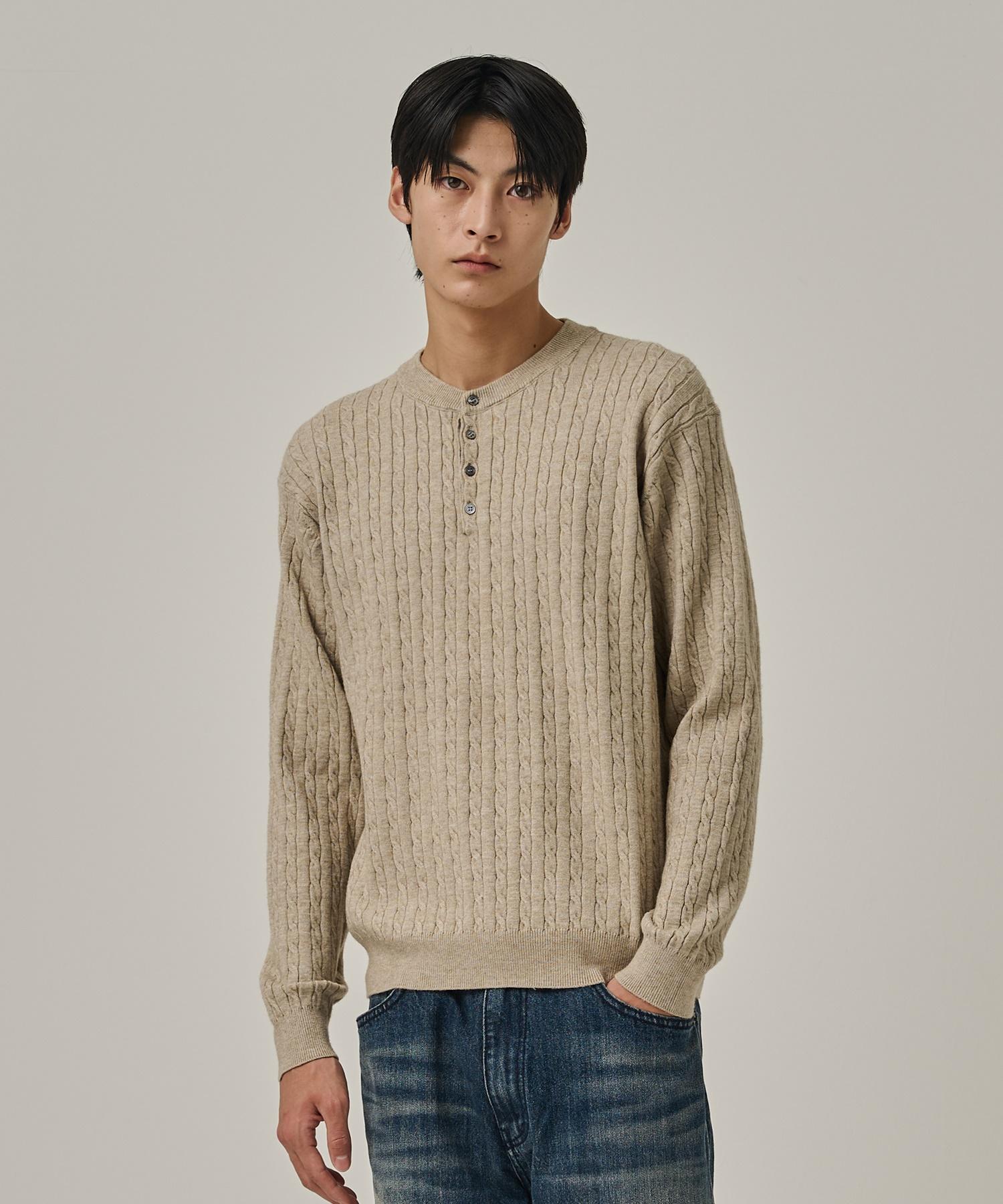 Analog Mood Washable Cable Henley Neck Knit T-Shirt (Oatmeal) Free