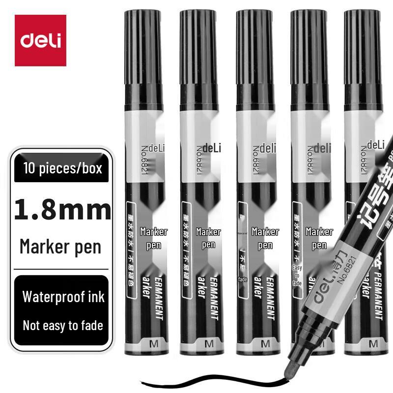 Deli Black Oil-Based Thick Tip Marker Pen, 10-Pack