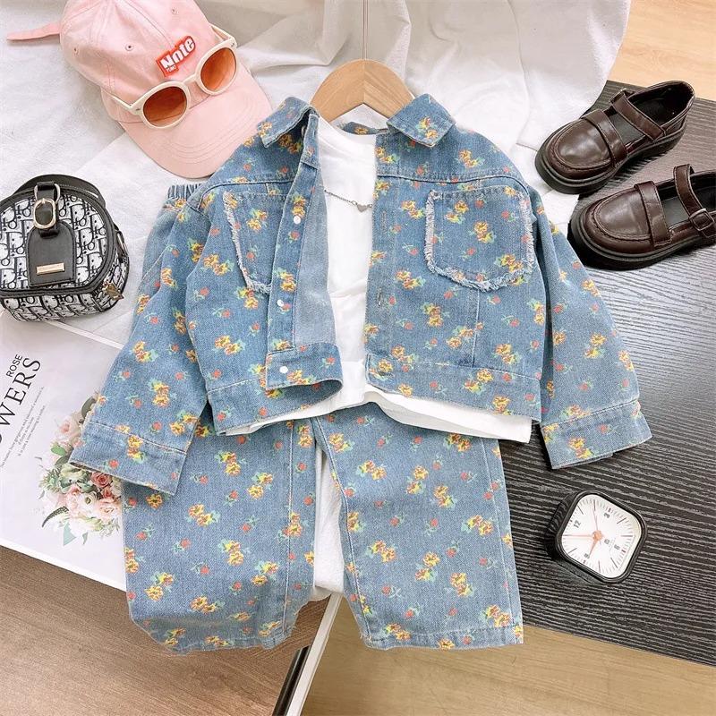 Girls Clothing Sets Spring Autumn Children's Clothing Cute Denim Jacket Cardigan Straight Leg Jeans Kids Suit