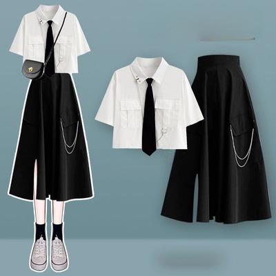 Salds, foršs uzvalks sievietēm Preppy korejiešu brīvs High Street darba apģērba krekls ar īsām piedurknēm + sieviešu svārki uz pusi ķermeņa, melns 2gab komplekts