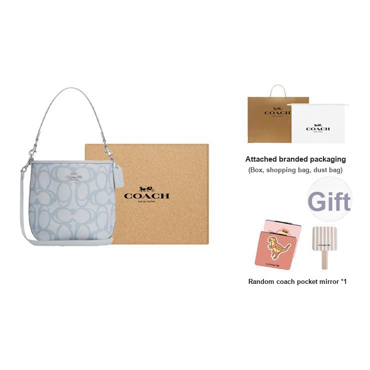 Coach City Bucket 17 Silver Metal Logo Removable Shoulder Strap Coated Canvas Bucket Bag Women Bags Ice-Blue CBH90-SVNB9