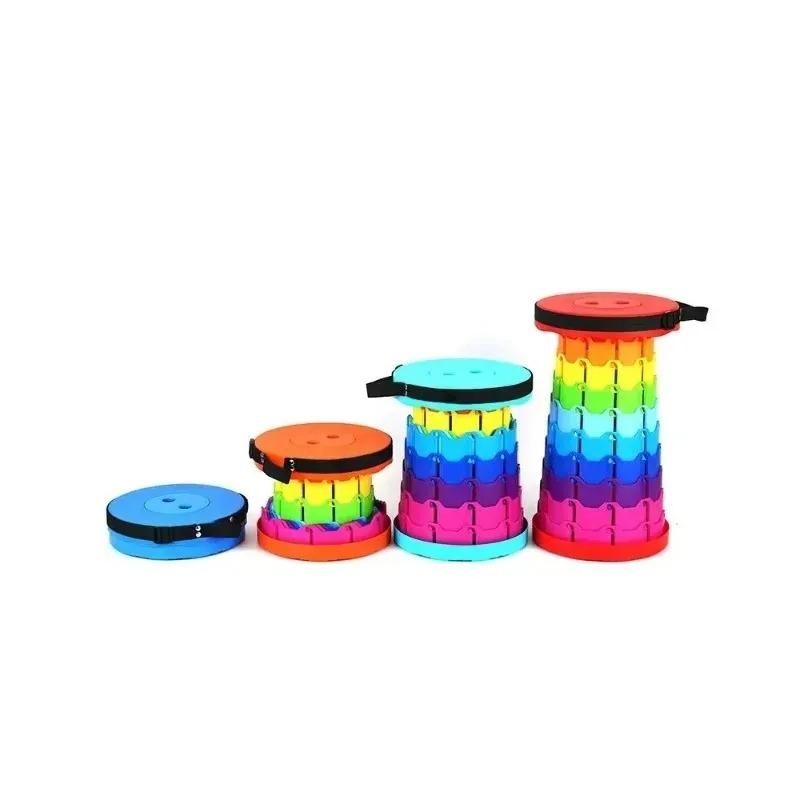 Outdoor portable folding retractable stool, rainbow blue camping fishing chair, household lightweight shrink stool