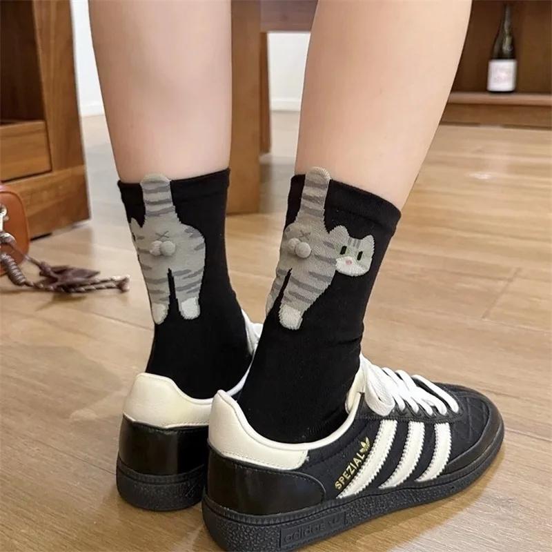 Kawaii 1Pair 3D Cat Design Mid Calf Socks, Black/White Funny Novelty Socks for Women, Cute Gift for Halloween Christmas
