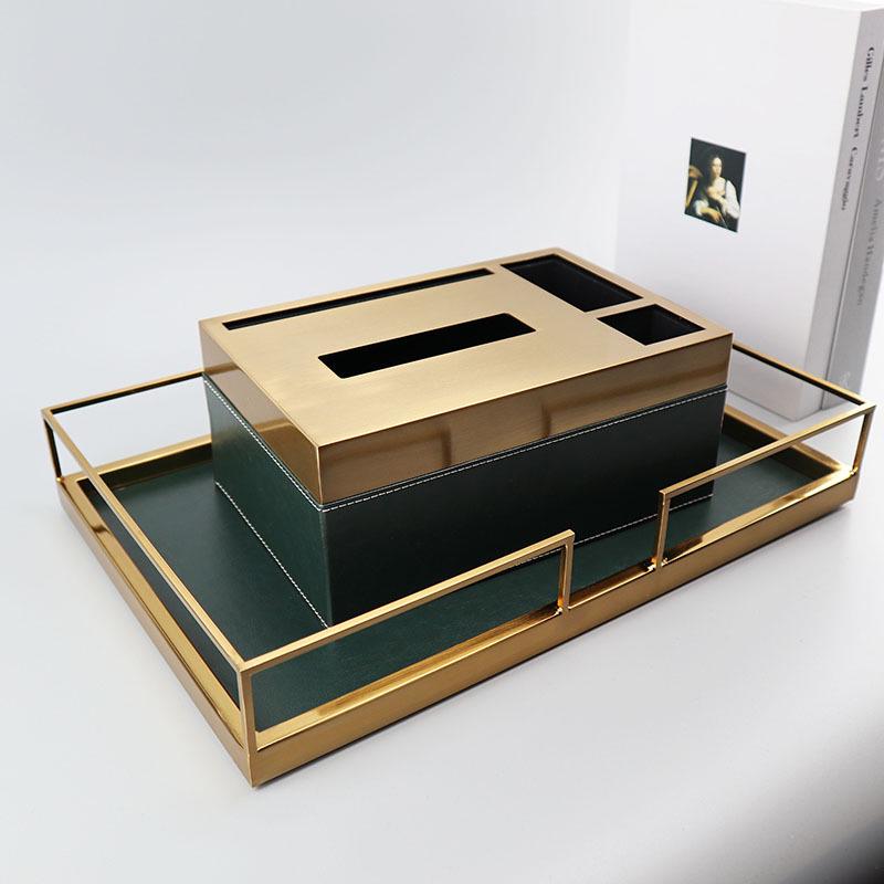 European Modern Leather Metal Storage & Organizer Tray for Entryway, Coffee Table, or Hotel Use