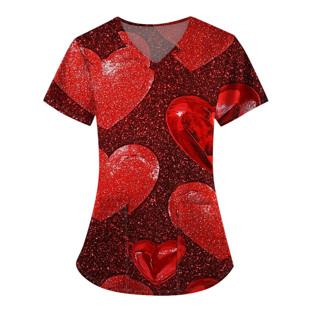 Women's Fashion V-Neck Short Sleeve Overalls With Pocket Valentine's Day Printed Tops  Clothes