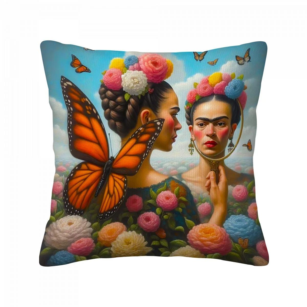 1 Stück Kunstliebhaber Wohnzimmer Kissenbezug, Polyester 2D Doppelseitiger Druck, Frida Kahlo Kissen, Perfektes Geschenk für Mexikanische Kunst & Auto Peach skin 18*18(CM)-1Pcs