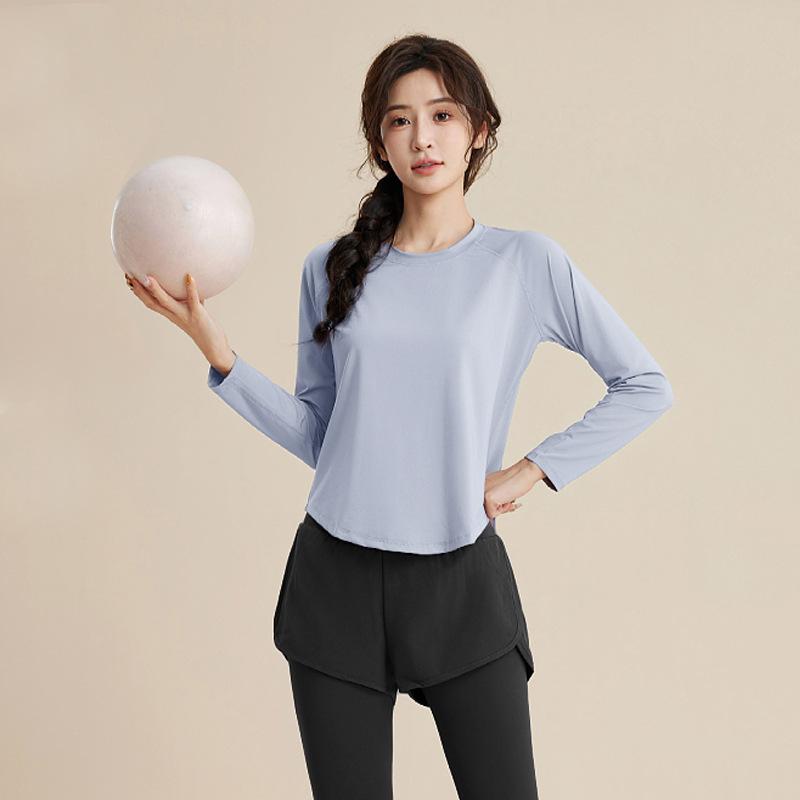 1011 Spring New Long Sleeve Fitness Clothing Women's Loose Breathable Running Quick Drying Clothes Sports Suit Fitness Training Clothing