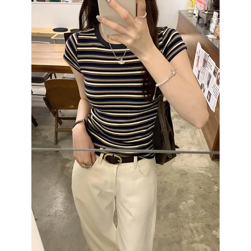 Contrast Striped Right Shoulder Short-sleeved T-shirt for Women Summer New Slim Fit Round Neck Short Top for Small People