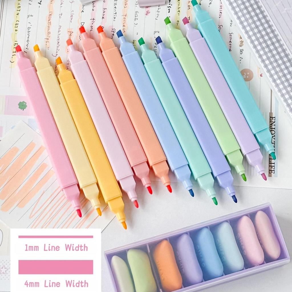 6pcs Dual Tip Highlighter Pens Set Macaron Pastel Colors Chisel Tip Quick Dry Soft Brush Student Drawing Set