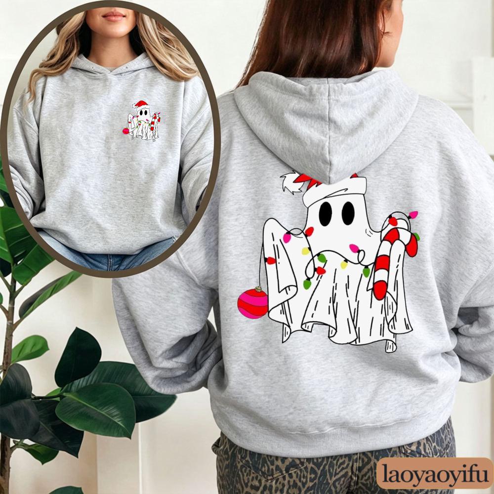 Funny Christmas Ghost Sweatshirt String Lights Candy Cane Graphic Long Sleeves Pullover Spooky Holiday Xmas Tops Women