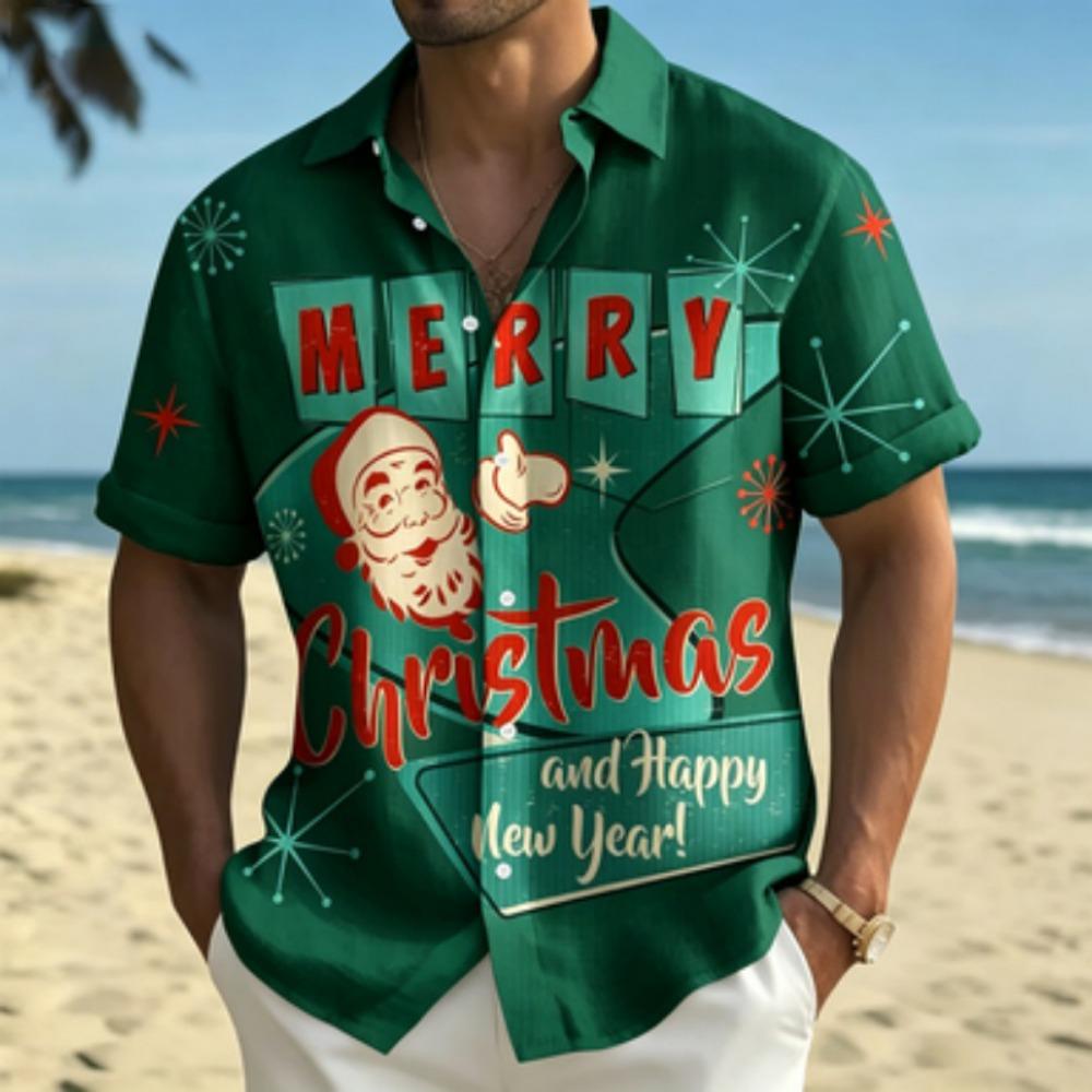 Men's short sleeved shirt, Santa Claus printed short sleeved shirt, European and American holiday casual collar shirt