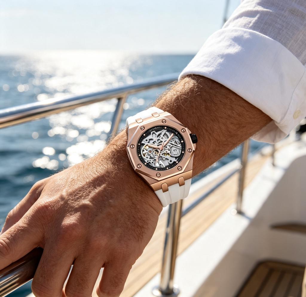 KINYUED Octagonal Hollow Skeleton Watch Men Rose Gold White Silicone Band Sports Luxury Waterproof Quartz Wristwatch Gift
