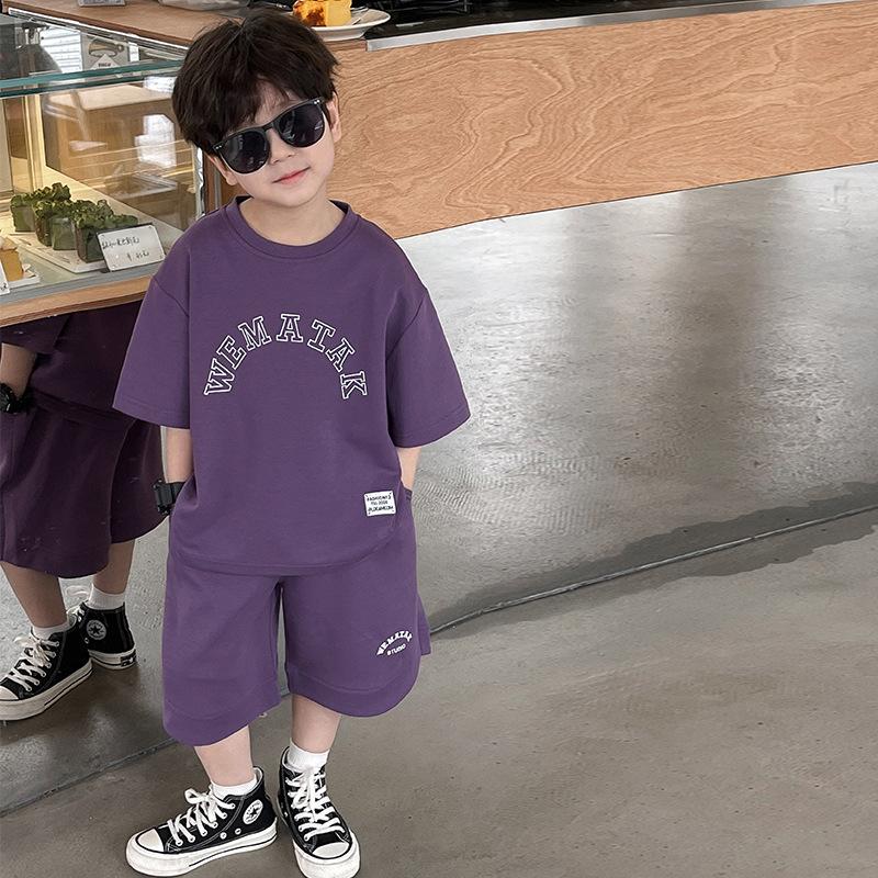 

Детская одежда, Мальчики, Лето, Большие дети, Корейский стиль, Модные буквы, Однотонный костюм, Крутой костюм-двойка 140 фиолетовый