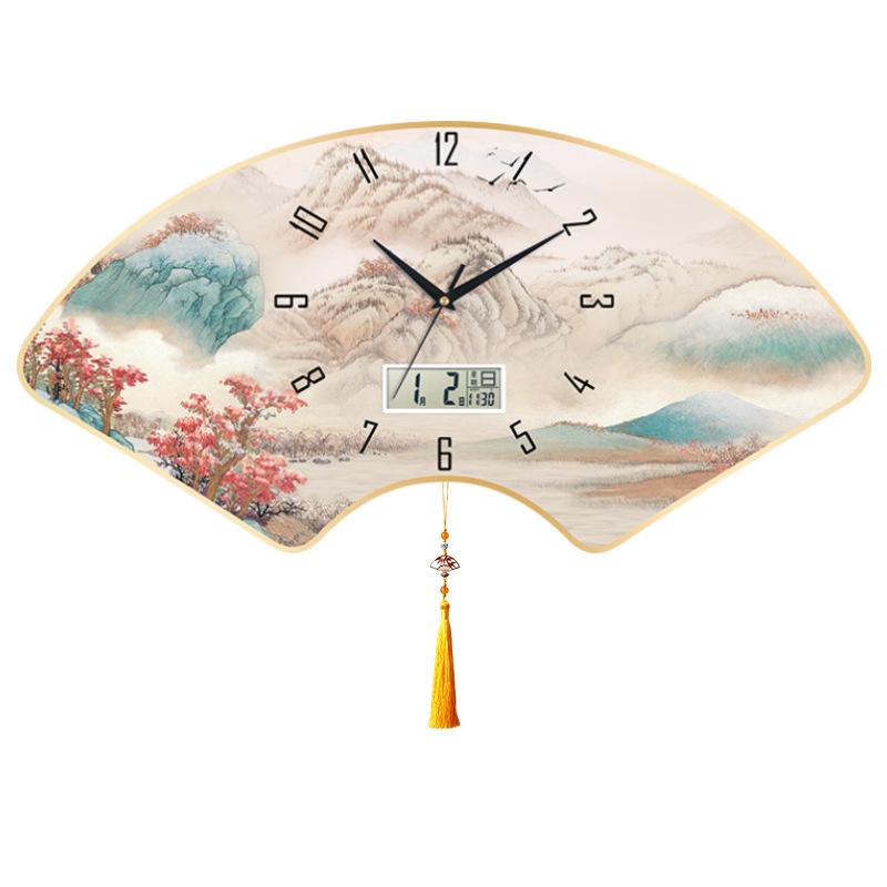 New Chinese Style Silent Wall Clock Home Living Room Wall Quartz Clock Bedroom Wall Clock Calendar Clock Fan-shaped Creative Clock