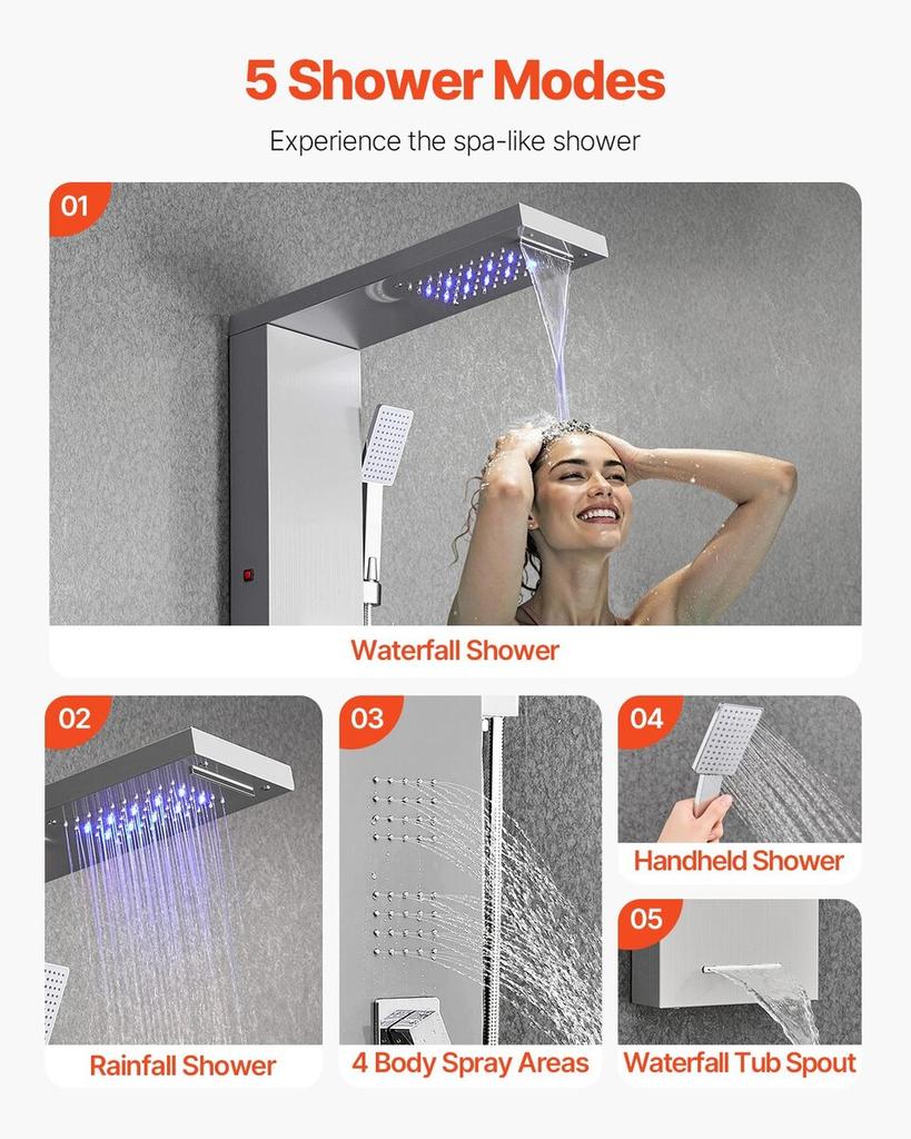 Shower Panel Tower System Stainless Steel Column Rainfall Head 5 Modes