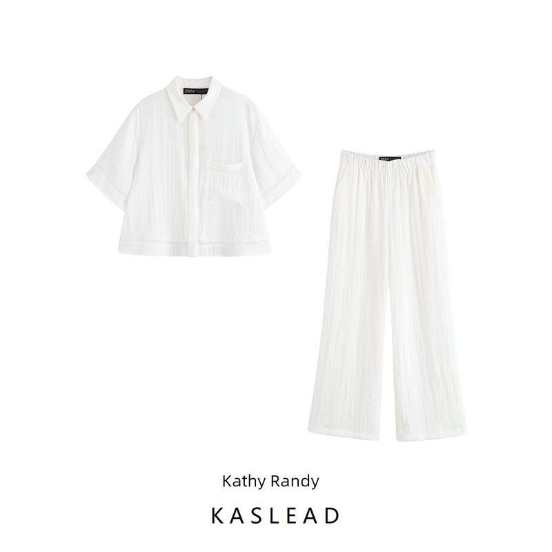Kaslead New Women clothes Western Style Simple Short sleeve Lapel Shirts Trousers 8017741 8330741