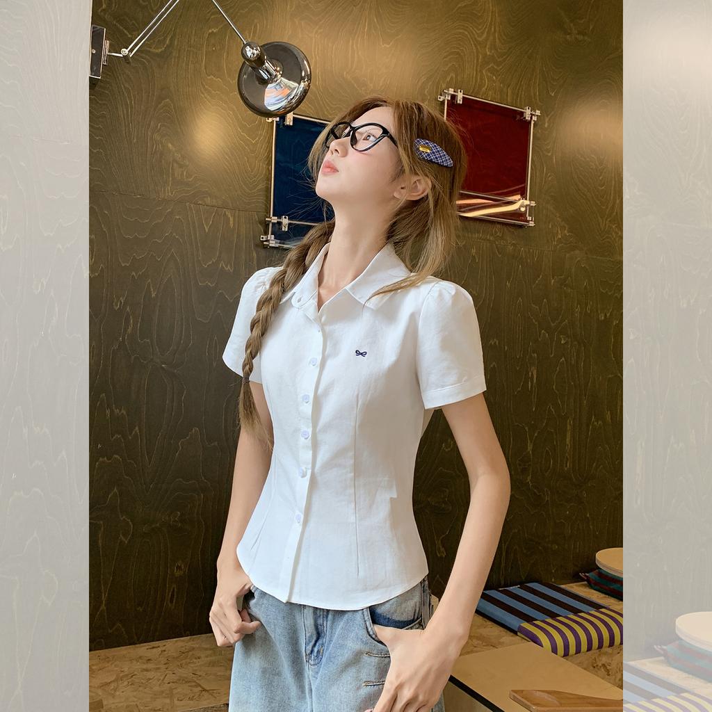 College style bow embroidered short-sleeved shirt women's summer new small versatile and thin chic top