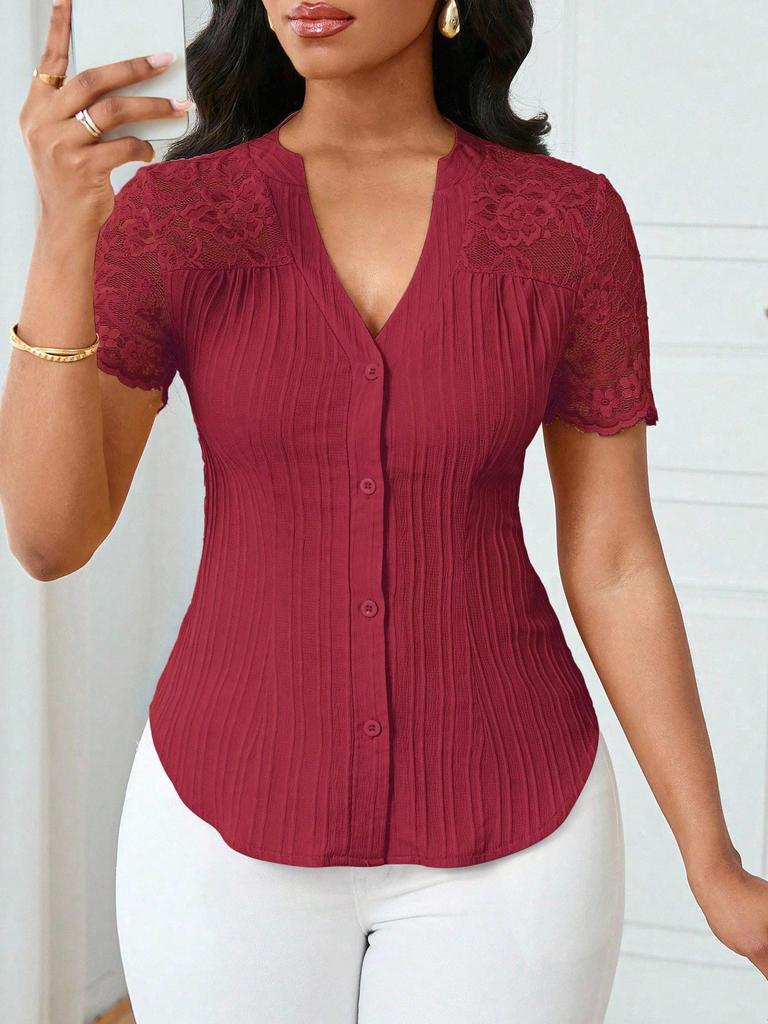 Women's Summer V-neck Embroidered Hollow Short-sleeve Shirt