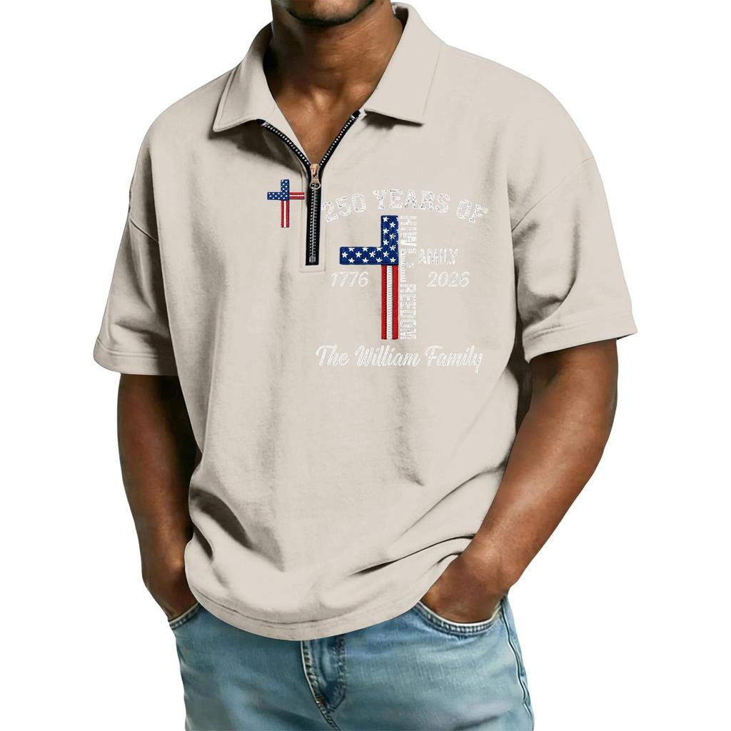 Men’s Short Sleeve Polo Shirt with Zipper Collar and Printed Cross Pattern Casual Soft Comfortable Top for Everyday Wear