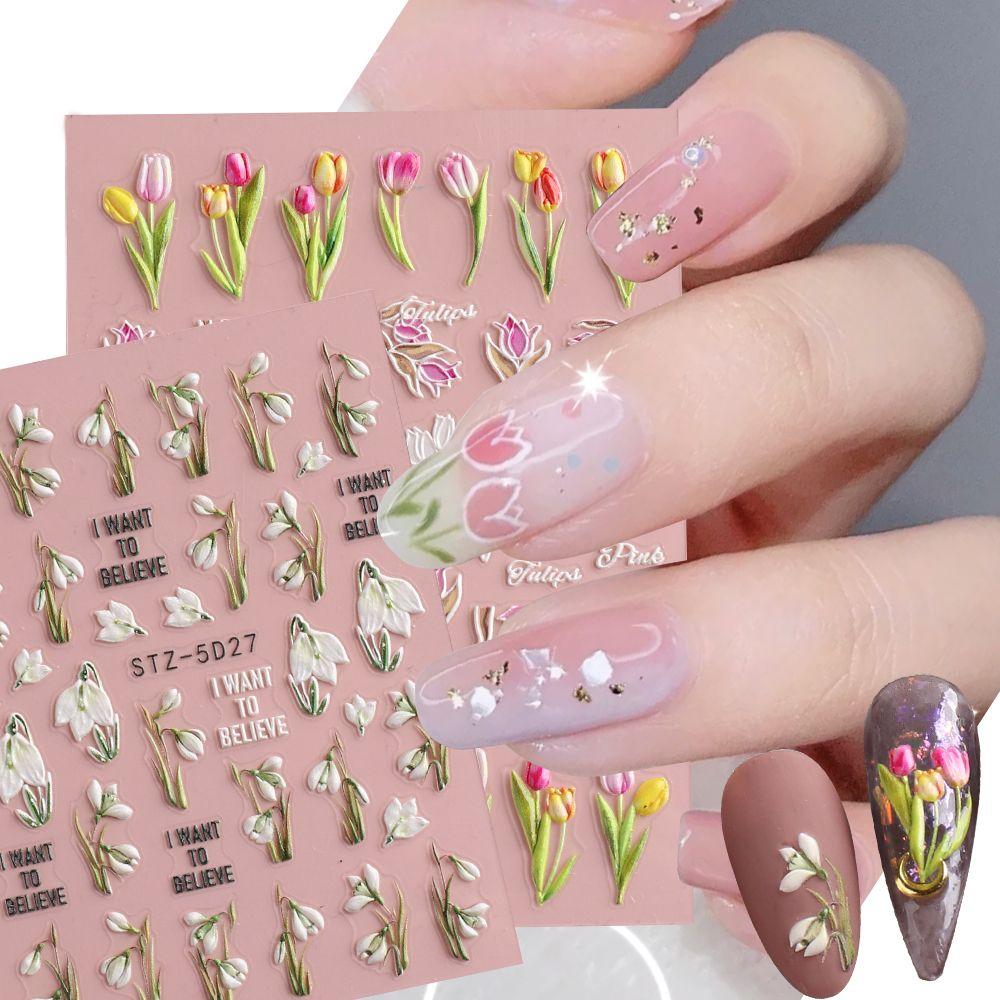 

Nail Tip Sliders 5D Embossed Nail Decals Tulip Flowers Nail Art Sticker DIY Manicure Accesorios Not 5D-#3
