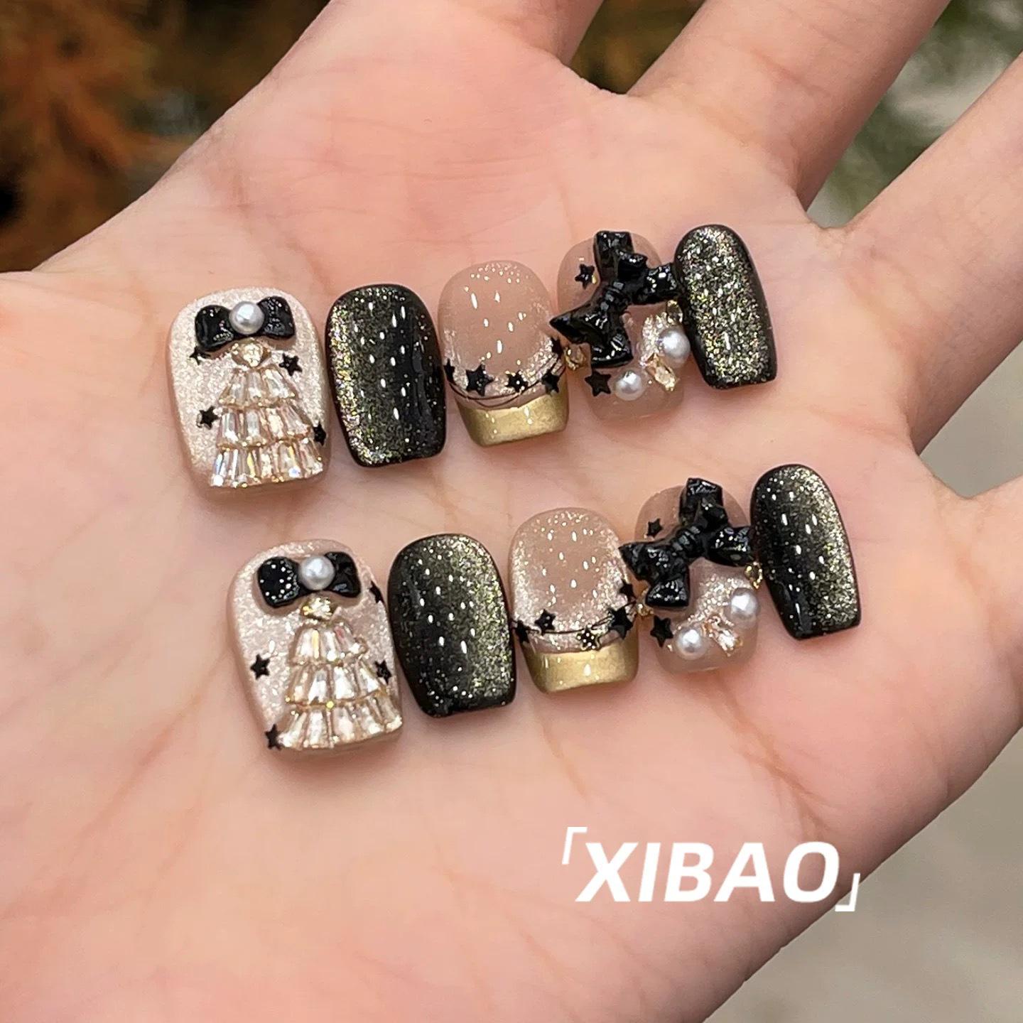 2025 Christmas Short Handmade Black Cat Eye French Nail Stickers Extra Small Cat Eye Black