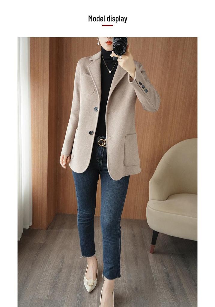 Women's Slim Fit Double-Faced Wool Coat - Short Style with Small Lapel for Autumn & Winter