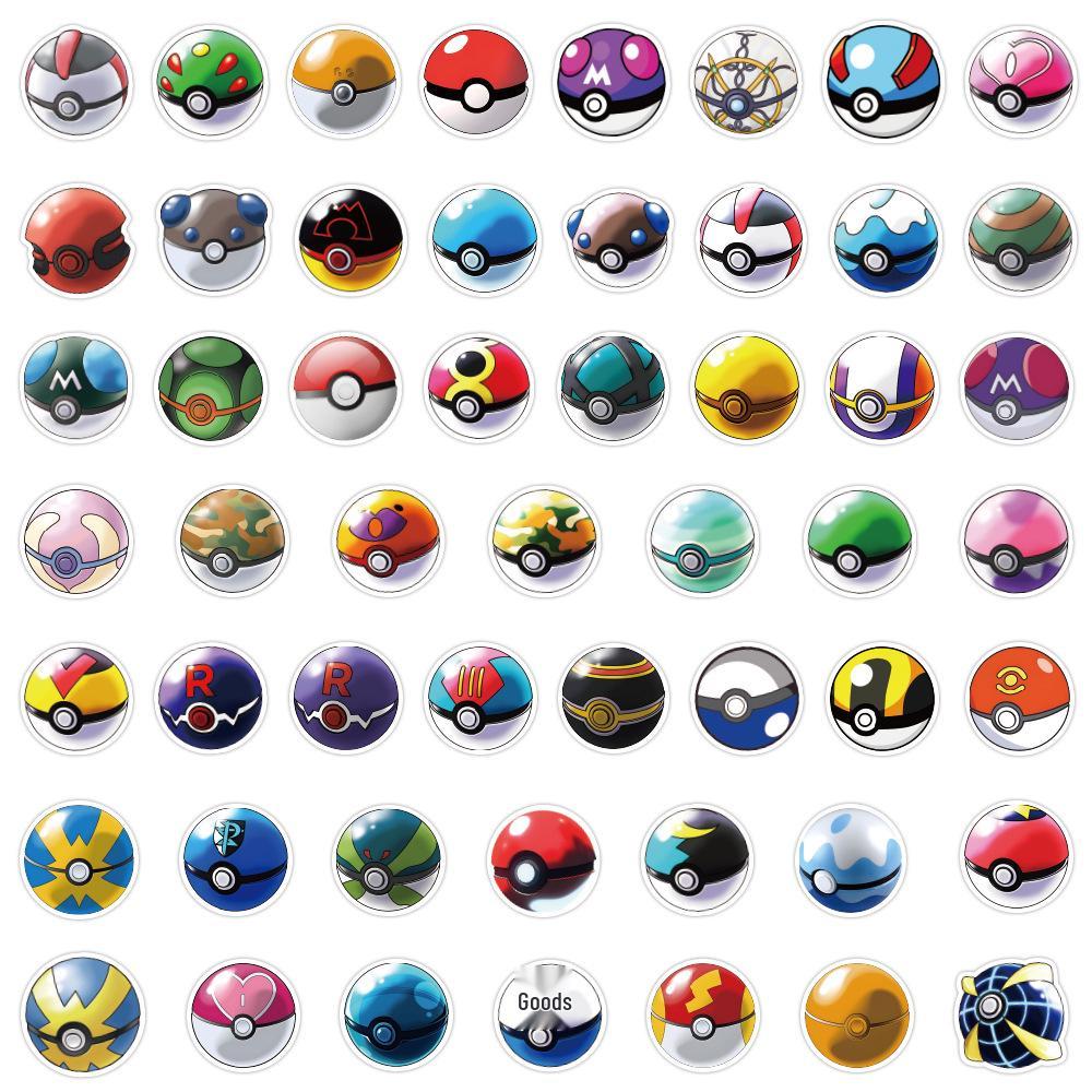50 Cartoon Pokeball Pokemon Graffiti Stickers - Waterproof for Phone, Computer, or Skateboard Decoration.