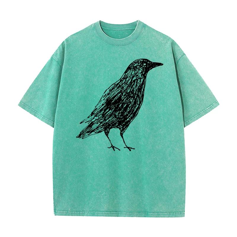 Sketch Bird Graphic Crew Neck Washed Tshirts Mother Day Tees Short Sleeve Classic Cotton Funny Washed Tees