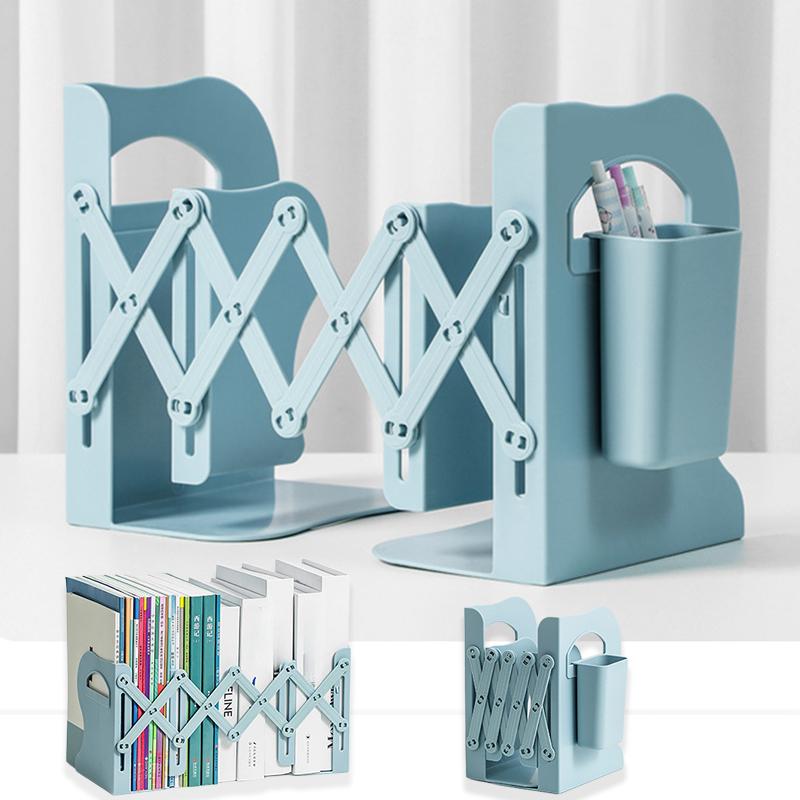 Retractable Bookends with Pen Holder Foldable Adjustable Desktop Book Stand Integrated Desk Book Storage Organizer