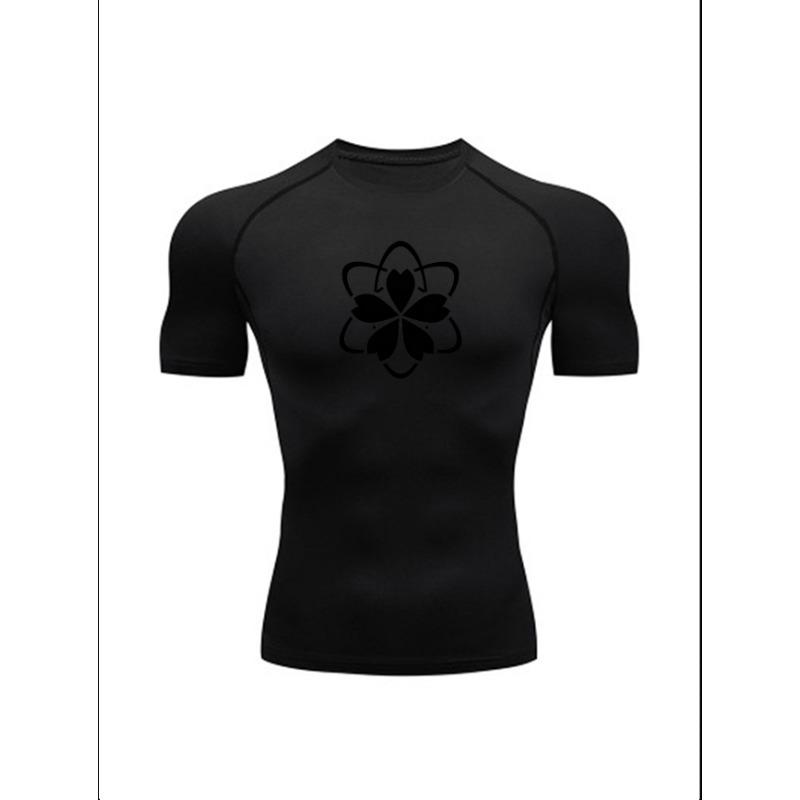 Men'S Cherry Blossom Print Compression T-Shirt, Quick Dry Short Sleeve Gym Workout Tee, Japanese Style Athletic Fitness Training Top